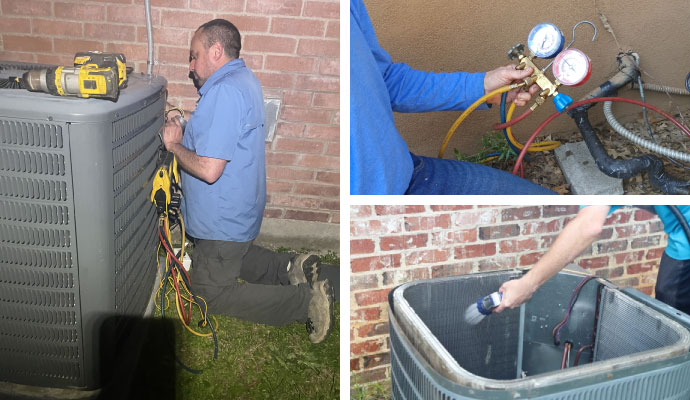 Collage of heating system inspection, tune up, and deep cleaning