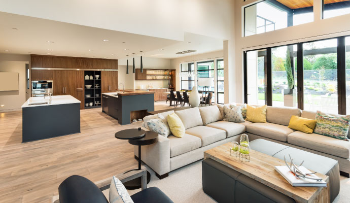 Modern open living room and kitchen
