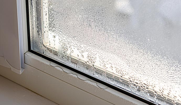 Visible water condensation on windowpane